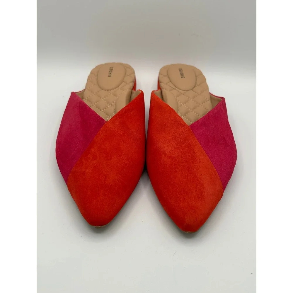 Birdies The Swan Mules Women Sz 8.5 Red Pink Suede Colorblock Pointed Toe Flats